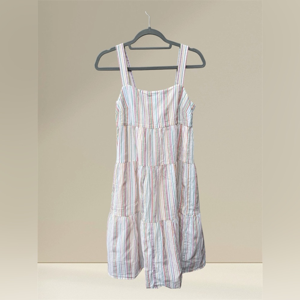 Madewell Button-Back Tiered Midi Dress in Textural Rainbow Stripe Size 2 - Picture 1 of 3